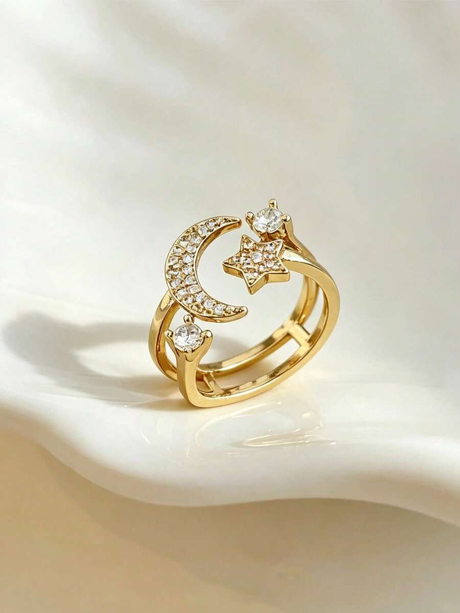 1pc Star & Moon Open Ring, Fashionable Design, Personalized, High-End, Elegant, Versatile, Adjustable Index Finger Ring, Suitable For Teenage Girls - Gold - View 1