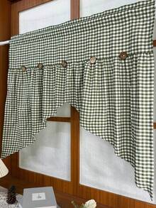 1件格紋亞麻門簾，附鈕扣裝飾，優雅格紋圖案、拱形設計、復古鈕扣裝飾，鄉村風亞麻隔間簾，適用浴室、洗衣房、廚房、臥室、玄關 - 綠色 - 查看 3