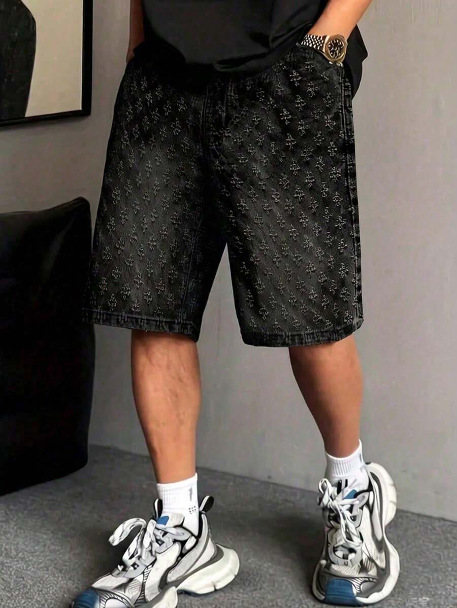 Teen Boys Fashion Embroidered Denim Shorts - Black - View 1