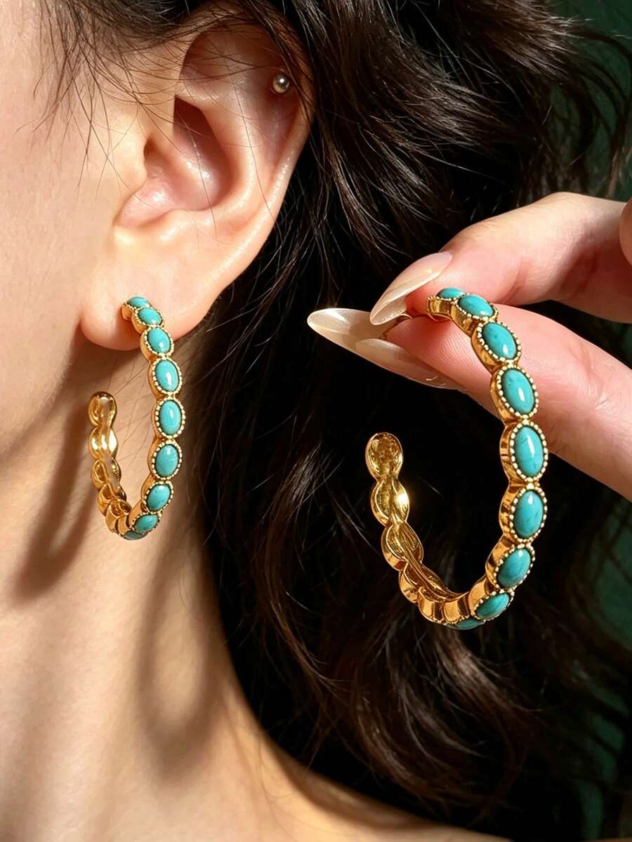 1 Pair Geometric Oval Faux Turquoise Hoop Earrings For Women - Multicolor - View 1