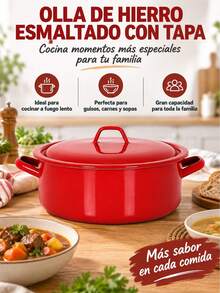 Round Enamel Cooking Pot With Lid For Slow Cooking And Stews, Red, 38x31x12cm - View 8