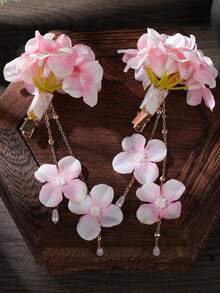 2PCS Gentle Endless Fairy Mori Style Hydrangea Tassel Hair Clips For Women, Vacation Atmosphere Photography Hair Flower Hair Clips Jewelry - Pink - View 4