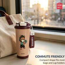 MINISO Water Cup, Coffee Cup, Simple And Elegant, 530ML Boxing Bear Pattern Coffee Cup With Straw, New Autumn/Winter Model; Valentine's Day Gift. - Coffee Brown - View 5