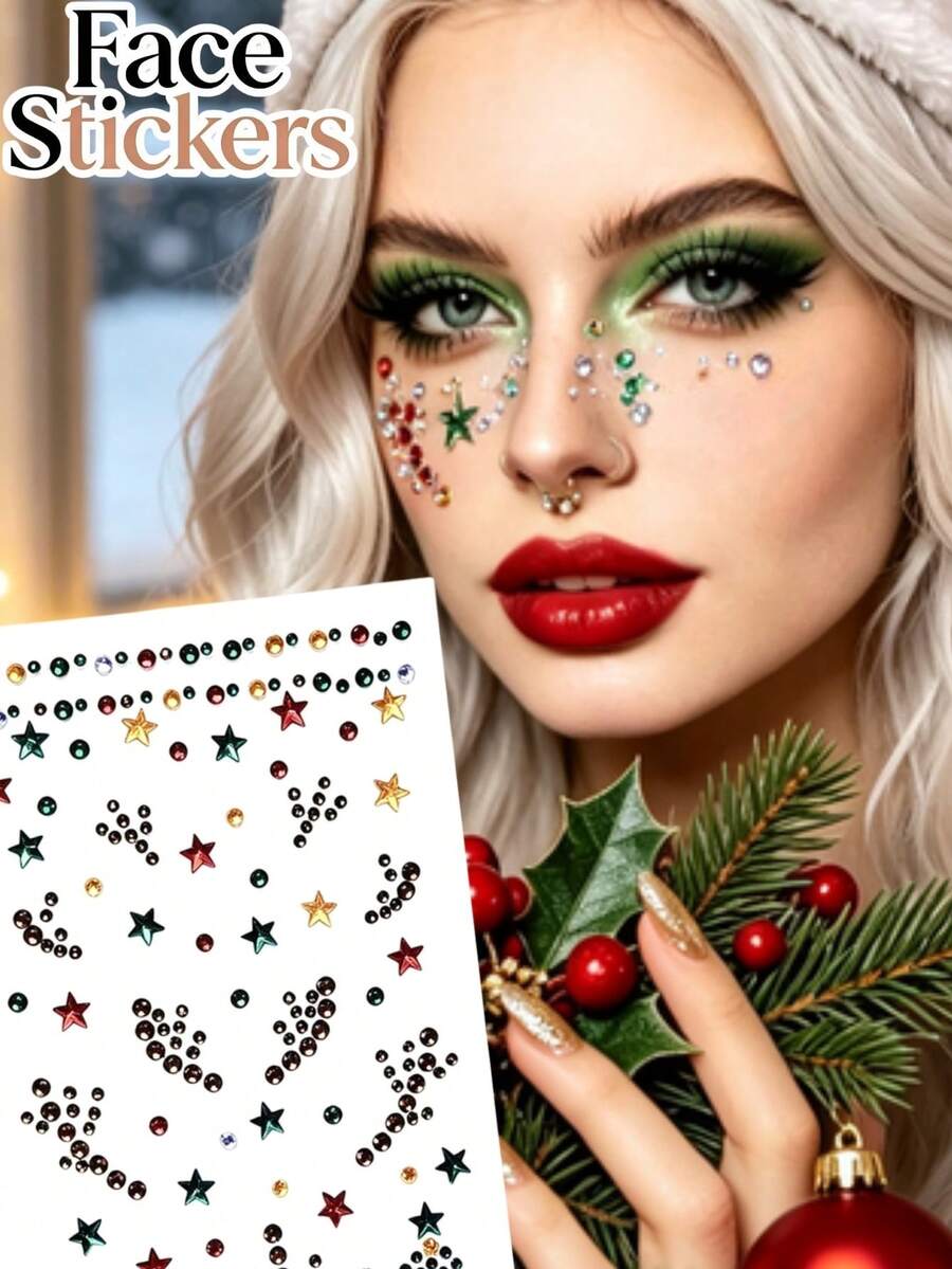 1pc Autumn Christmas New Popular Christmas Reindeer Horn Rhinestone Gem Star Face Sticker, Y2K Autumn/Winter Christmas Style, Suitable For Christmas Concert And New Year, Self-Adhesive Easy To Apply - Multicolor - View 1
