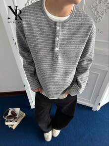 【NO RULES】メンズ ヘンリーネック ニット長袖 T シャツ 二重構造 フェイクレイヤード 柔らかい質感 ルーズシルエット 秋冬トップス ユニセックス ロンt ボーダートップス ボーダー　ロンt ヘンリーネック 秋服メンズ - グレー - チェックする 5