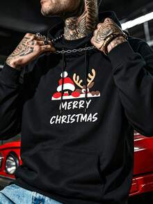 DOPE | Autumn/Winter Men's All-Match Black Pullover Sweatshirt, Letter Print Design On Chest, Casual Streetwear Versatile Pullover Sweatshirt - Black - View 3