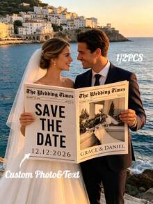 1/2pcs Customized Wedding Newspaper Poster, Customizable Photo And Text, Save The Date Announcement, Engagement Bride Shower Decoration, Wedding Special Occasion, Vintage Style, Wedding Or Holiday Gift - Multicolor - View 2