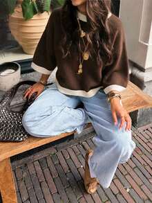 SEREN Fashion Women's Knit Colorblock Pullover, Short Sleeve Regular Fit Sweater, Versatile Layering Piece For Autumn - Coffee Brown - View 2