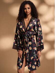 1pc Women's Black Daisy Floral Print Lace Trim V-Neck Loose Satin Robe Loungewear Sleepwear - Black - View 1