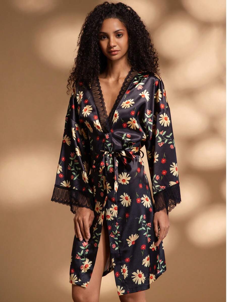 1pc Women's Black Daisy Floral Print Lace Trim V-Neck Loose Satin Robe Loungewear Sleepwear - Black - View 1