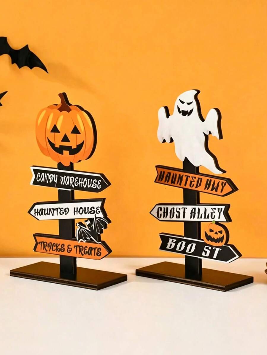 1/2 buah Hiasan Meja Kayu Hantu Halloween Kerajinan Dekorasi Rumah Halloween Hadiah Pesta Halloween - MultiWarna - View 1