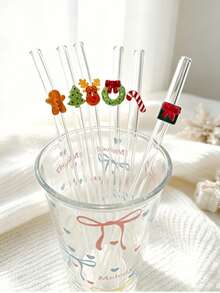 4/6pcs Shatter-Resistant Thick Borosilicate Glass Reusable Straw Set With Mixed Color Christmas Cartoon Hanging Decor, Cartoon Straight Transparent Party Glass Drinking Straws With Decorative Straw Heads, Suitable For Kitchen Accessories, Cold Drinks, Milk Tea, Coffee, Juice, Bar, Home, Restaurant - View 1