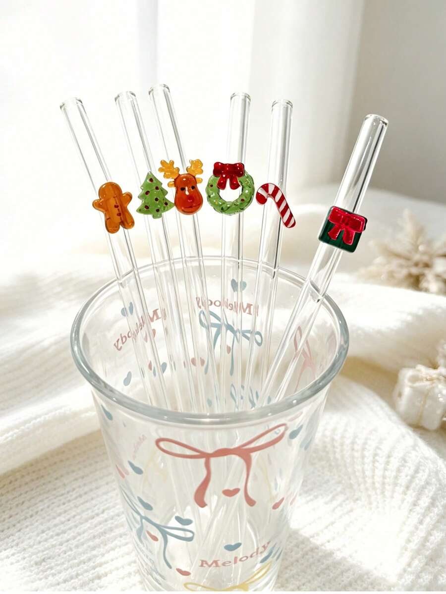 4/6pcs Shatter-Resistant Thick Borosilicate Glass Reusable Straw Set With Mixed Color Christmas Cartoon Hanging Decor, Cartoon Straight Transparent Party Glass Drinking Straws With Decorative Straw Heads, Suitable For Kitchen Accessories, Cold Drinks, Milk Tea, Coffee, Juice, Bar, Home, Restaurant - View 1