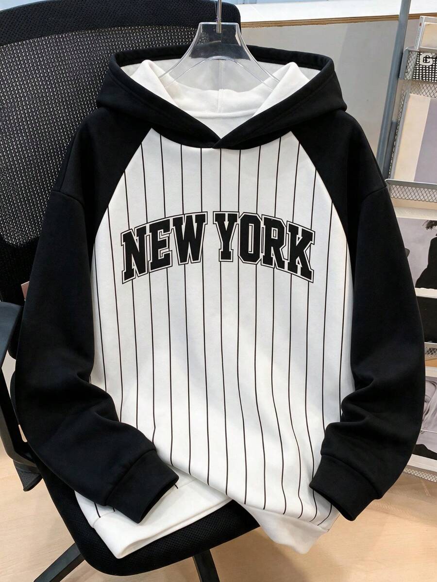 1pc Tween Boys Casual American Sports Style NEW YORK Letter Print Striped Design Baseball Sweatshirt Long Sleeve Sweatshirt Spring Autumn - Black and White - View 1
