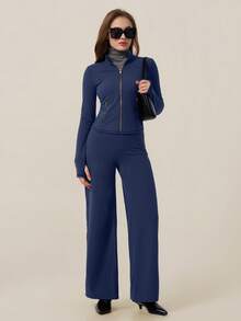 TimeOff Women's One Set Autumn/Winter Solid Color Stand Collar Zipper Pocket Cuff Thumb Hole Jacket And Straight Leg Pants Sports Suit - Navy Blue - View 9