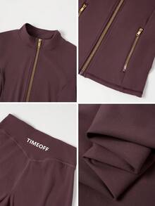TimeOff 女士套裝秋冬純色立領拉鍊口袋袖口拇指洞夾克外套直筒長褲運動套裝 - 酒紅色 - 查看 4