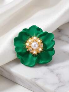 Vintage Dark Green Floral Brooch, Faux Pearl And Rhinestone Stamen Design, Elegant Brooch Accessory For Coat And Blazer - Dark Green - View 9