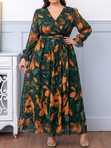 DEARCASE Plus Size Women Floral Print V-Neck Long Sleeve Dress Elegant Vacation - Dark Green - View 3