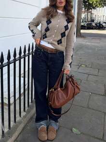 Cardigan Rajut Argyle Pendek Gaya Kasual Wanita, Sweater Lengan Panjang Leher Bulat, Cocok untuk Pakaian Musim Dingin, Campuran Wol untuk Musim Gugur - Khaki Abu-abu - View 6