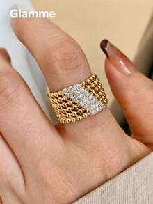 1pc Vintage Hollow Beaded Metal Ring For Women, Elegant Open Band Ring For Party And Formal Occasions - Gold - View 10