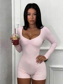 NOIRLYN Women's Autumn/Winter Sexy Sweetheart Neckline Ruched Chest Long Sleeve Jumpsuit, Slim Fit Butt-Lifting Y2K Fitness Jumpsuit With Built-In Bra - Pink - View 9