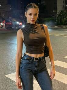 Da Jade Women Sexy Asymmetrical High Neck Sleeveless Tank Top, Solid Color Side Ruched Slim Stretch Knit Top, Women Vacation Night Out Basic Top - Brown - View 1