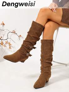 DENGWEISI Brown Ruched Fashion Slip-On Wedge Heel Square Toe Western Boots, Versatile For Vacation, Office, Commute And Daily Wear, Spring/Autumn - Rust Brown - View 6