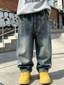 Boys' Loose Fit Denim Jeans, Suitable For Everyday, School, Outdoor & Casual Wear, Autumn - Blue - View 3