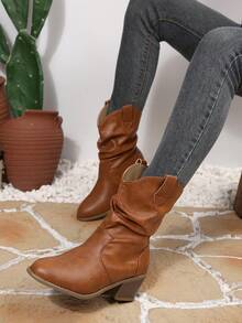 Ruched Women's Ankle Boots, Western Style High Heel Boots, Chunky Heel, Versatile - Camel - View 6