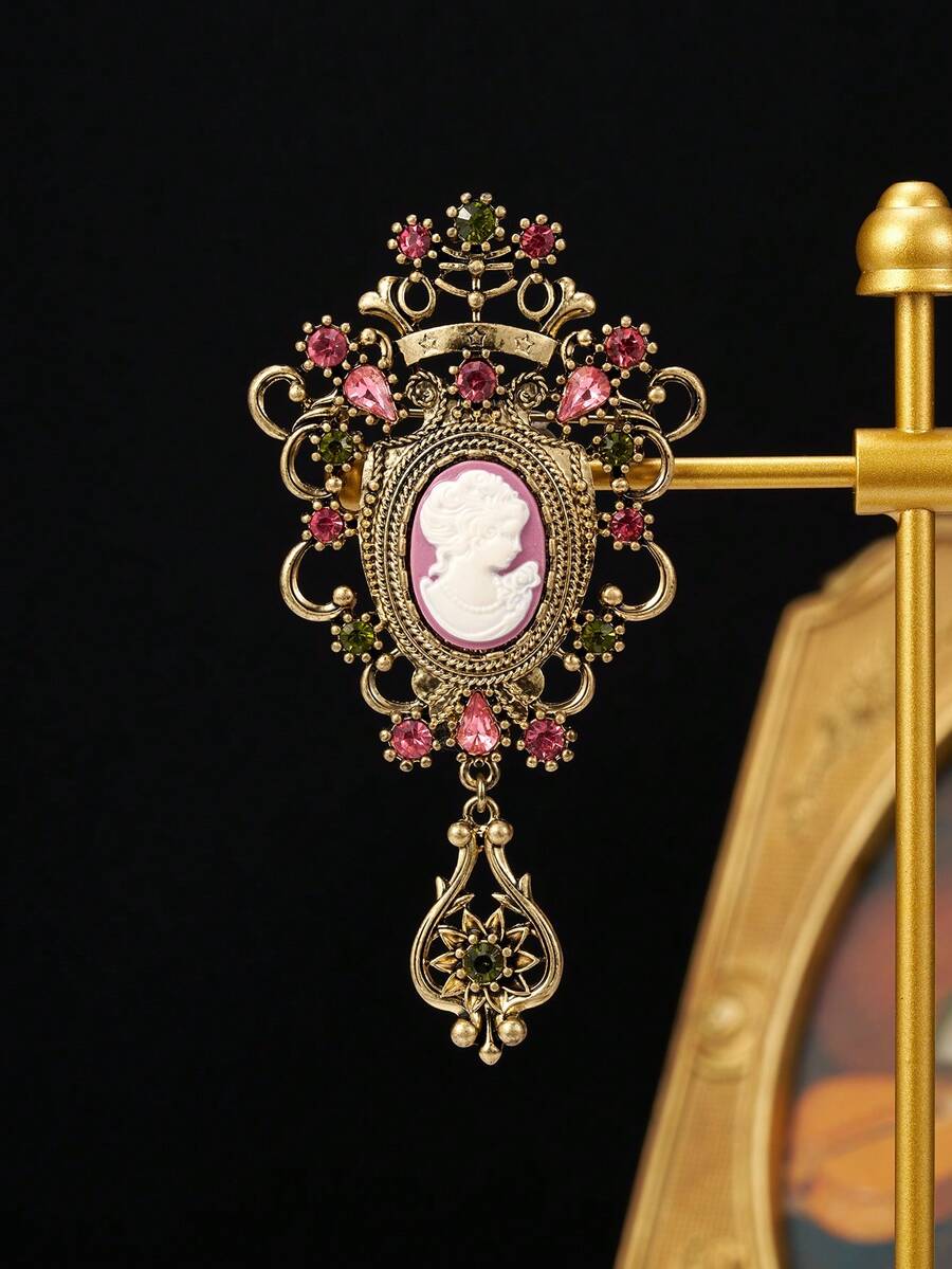 1pc Vintage Embossed Portrait Cameo Brooch, Distressed Gold Color Rhinestone Inlaid Palace Style Pendant Brooch Flower, Women's Coat & Dress Accessory - Multicolor - View 1