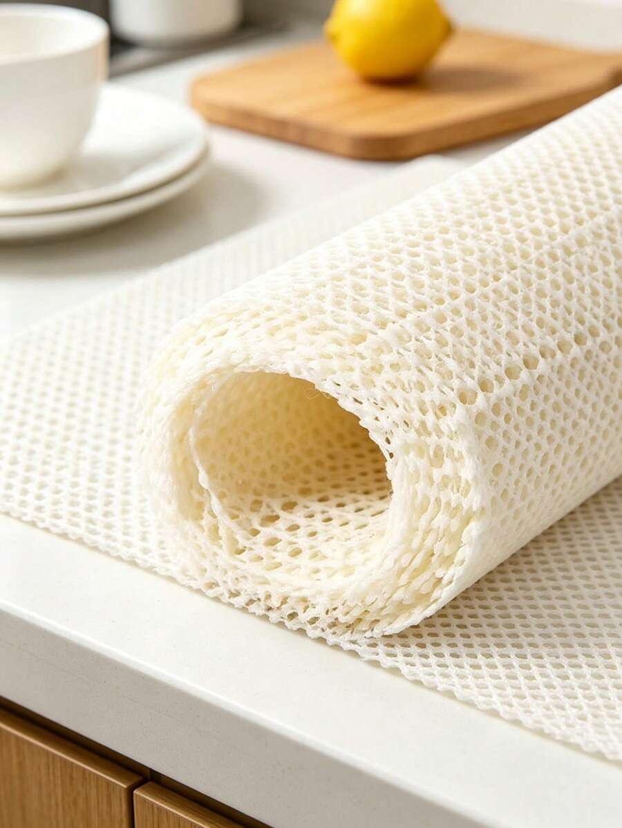 1 Roll PVC Drawer And Shelf Liner, Non-Slip Kitchen Cabinet Liner, Non-Adhesive Thick Strong Grip Waterproof Washable Mat, Protects Vanity Shelf Cabinet Bathroom Cabinet, Beige - View 1