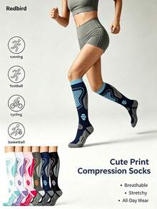 1/2/4 Pairs Unisex Knee-High Compression Socks, Elastic Support Socks, Autumn Apparel, Autumn Style, Suitable For Cycling, Running, Fitness - Multicolor - View 1