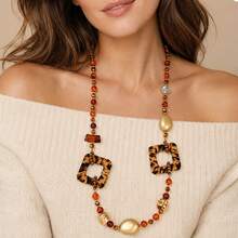 1pc Vintage Boho Long Beaded Necklace For Women, Leopard Print Geometric Pendant, Brown Amber Beads, Statement Sweater Chain, Fall Outfit Jewelry - Multicolor - View 2