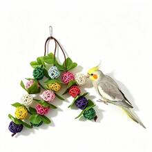1pc Bird Toy Colorful Natural Wood Rattan Ball With Artificial Leaf Hanging String, Bird Supplies, Pet Supplies, Bird Cage Hanging Ornament, Accessory, Bird Training Toy, Suitable For Small And Medium Parrots Bird Cage Hanging Toy (Random Color) - A+B - View 6