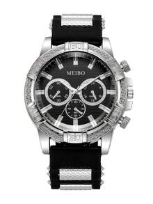Men's Silicone Watch Classic Fashion Three-Eye Dial Handsome Sports Quartz Wristwatch, Gift For Boyfriend Watch (1pc/Set) Watch Box Not Included - Black - View 7