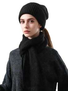 3pcs Ribbed Knit Beanie Hat Set, Minimalist Solid Color Loose Fit Warm Ear Protection Hats For Men & Women, Autumn/Winter - 3pcs - View 35