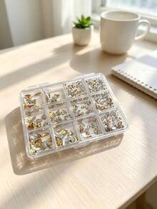12-Grid Champagne Rhinestone Nail Art Decor Set, Flat Back Irregular Rhinestone Nail Decorations - Champagne - View 8