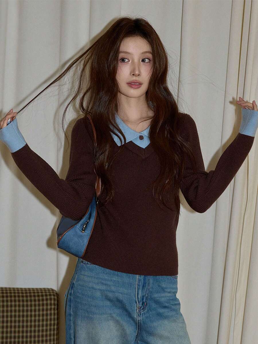 Korean Style Casual Colorblock 2 In 1 Lapel Patchwork Long Sleeve Top Women Autumn/Winter Slim Fit Waist-Cinching Short Ribbed Knit Sweater - Brown - View 1