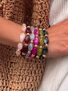 1pc Vintage Bohemian Colorful Beaded Elastic Bracelet, Gold Nugget Pendant Bracelet, Luxury High-End Suitable For Women, Couples, Party, Daily Wear - Multicolor - View 2