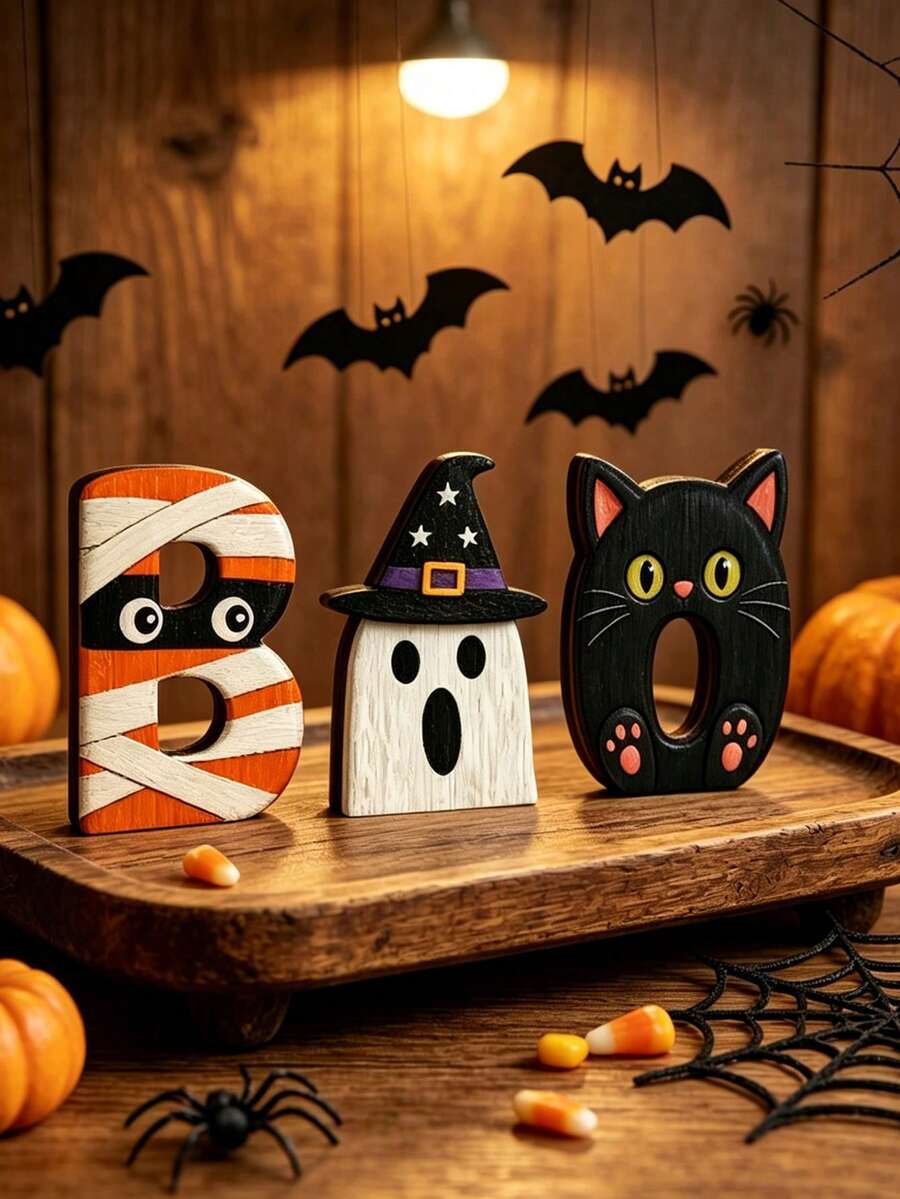 3pcs Halloween BOO Wooden Desktop Decor, Freestanding Thick Wood Decorations, Includes Mummy B, Witch Ghost And Black Cat, Cute Cartoon Layered Tray Decor, Suitable For Halloween Party, Window Display And Holiday Photo Props - Multicolor - View 1