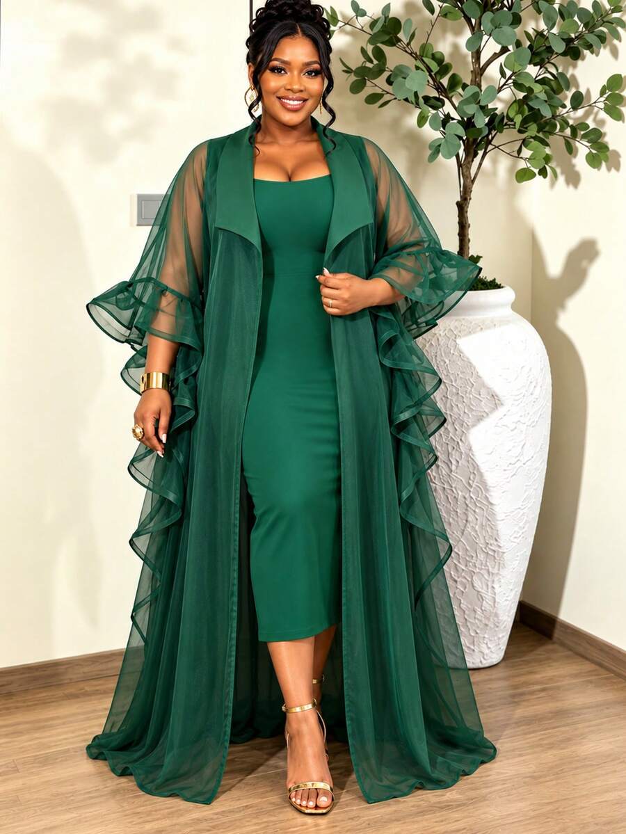 AOMEI Plus Size Women's Dark Green Sheer Shawl 2 Pieces Set Church Dress, Ruffle Flare Sleeve A-Line Skirt, Elegant Formal Wedding Guest Party Outfit - Dark Green - View 1