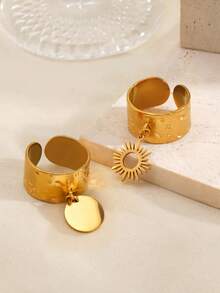 2pcs/Set Stainless Steel 18K Gold Plated Geometric Circle Rings Set, Suitable For Women's Daily Wear - Multicolor - View 3