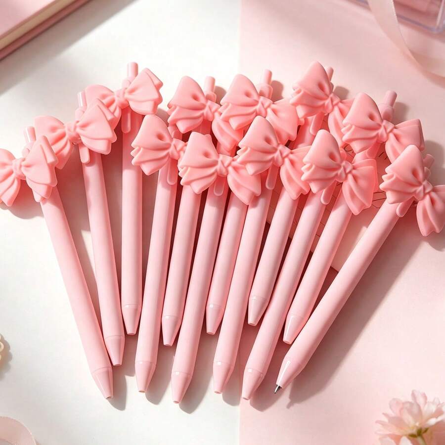 24pcs Pink Bow Retractable Ballpoint Pens, Black Ink Smooth Writing Stationery, Office Supplies, Back To School, Party Favors - Pink - View 1