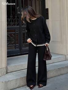 VIBEWAVE Contrast Binding Crew Neck Knit Cardigan Wide Leg Pants 2 Pieces Set, Old Money Style Solid Knit Outfit Fall Winter Casual Commute - Black - View 1