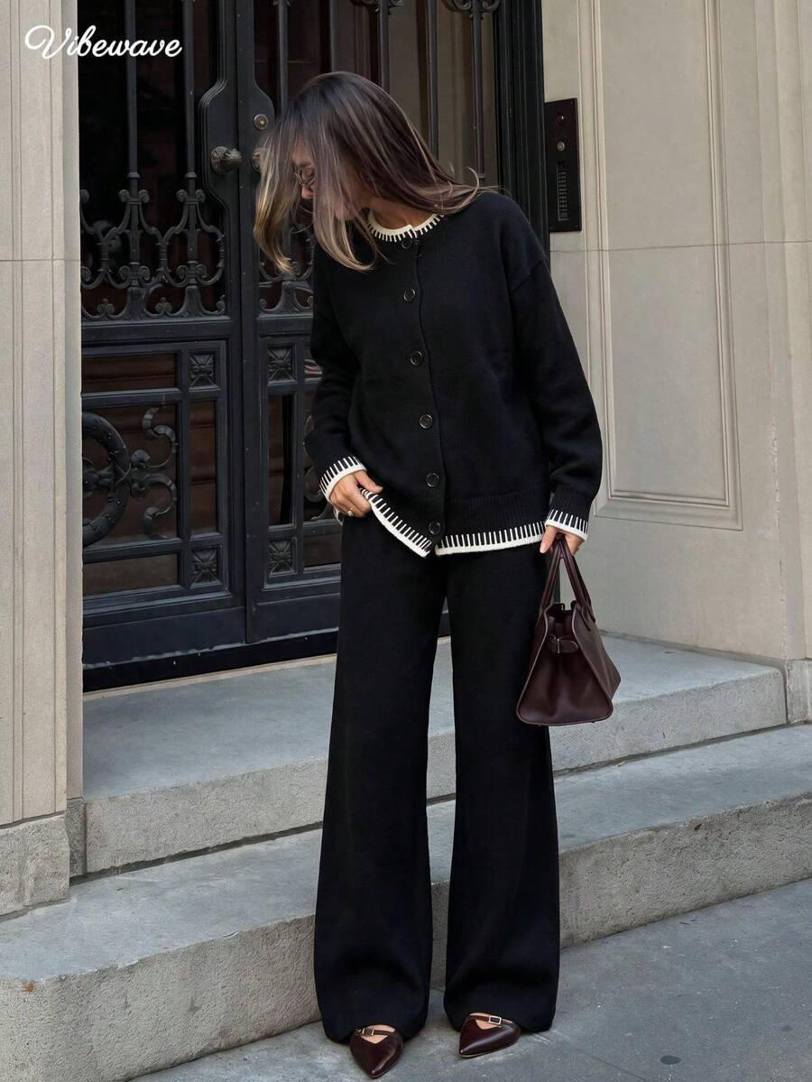 VIBEWAVE Contrast Binding Crew Neck Knit Cardigan Wide Leg Pants 2 Pieces Set, Old Money Style Solid Knit Outfit Fall Winter Casual Commute - Black - View 1