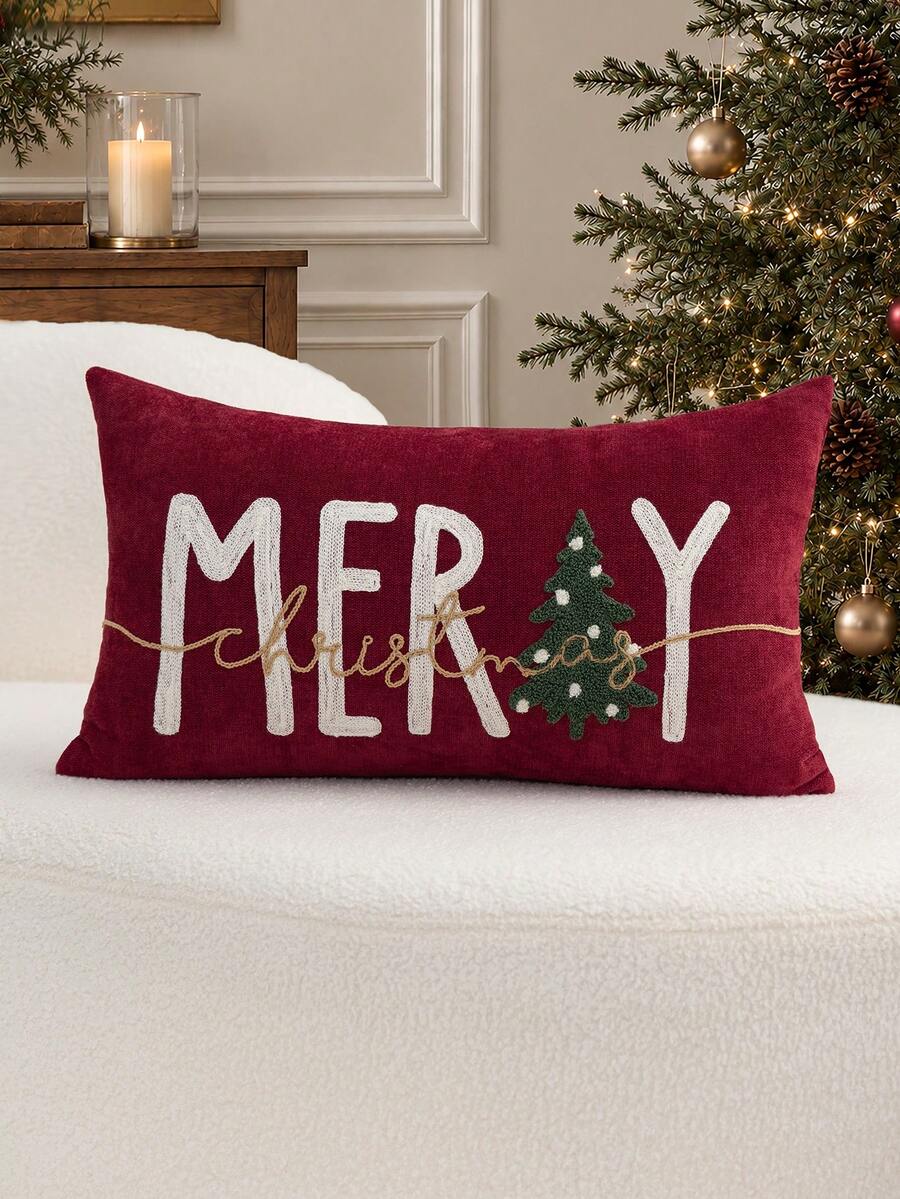 1pc Christmas Red MERRY Embroidered Pillowcase, Christmas Tree Pillowcase, Suitable For Indoor Decoration, Christmas Decoration, All Season Pillowcase, Without Insert