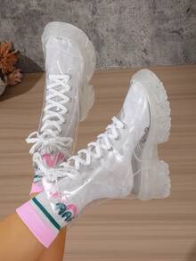 Niche Personalized Transparent Boots For Women Thick Sole Clear Bottom Lace-Up Mid-Calf Boots Hot Girl Style Versatile Fashion Sandals - White Transparent - View 8