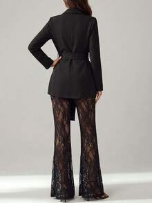 Women's Autumn/Winter Elegant Commute Long Sleeve Blazer With Lining, Metal Decor And Ribbon Design, Lace Flared Pants Set - Black - View 3