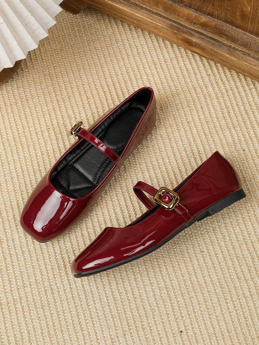 Women's Square Toe Low-Top Flat Ballet Shoes, Versatile Commuter Shoes - Burgundy - View 1