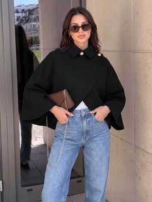 Fashionable Women's Black Woven Fabric Cape Coat, Short Length With Collar And Gold Buttons, Long Batwing Sleeves, Suitable For Autumn - Black - View 3